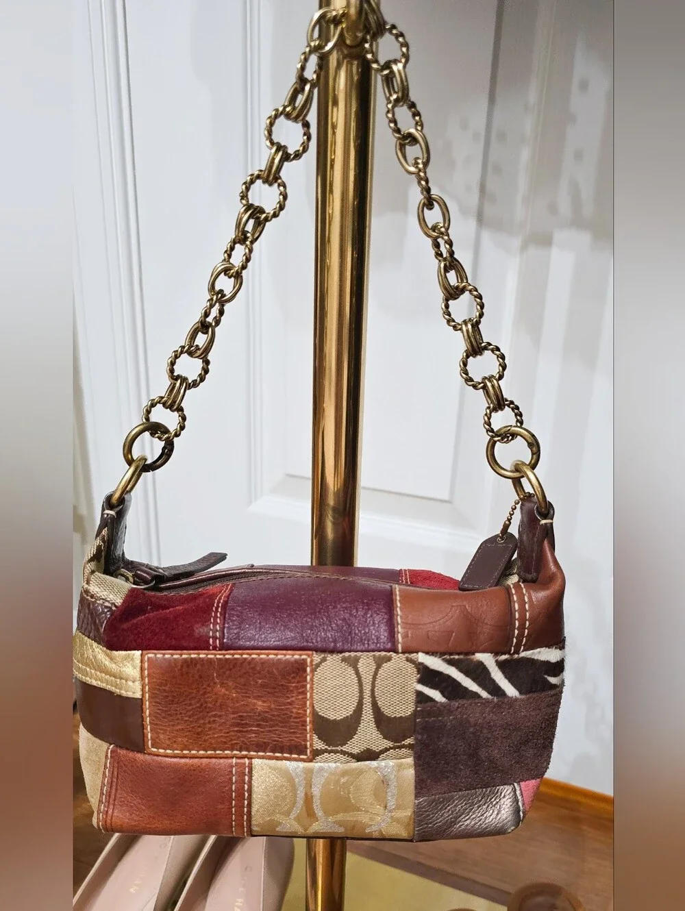 Coach Patchwork Leather and Fabric Shoulder Bag in Burgundy